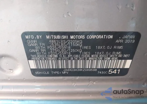 2019 Mitsubishi Outlander Se from USA, damaged, VIN JA4AD3A34KZ049598